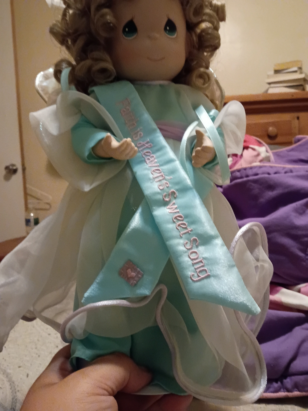 Precious Moments Porcelain Angel Doll in Light Blue with White Overlay